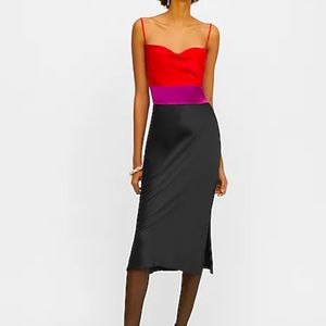 EXPRESS Satin Color Block Tier Cowl Neck Midi Slip Dress